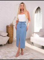 Lançamento Saia Jean Midi Feminina Com Fenda Simples