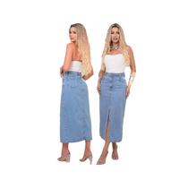 LANÇAMENTO Saia Jeans Feminino Midi Fenda Simples Premium