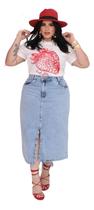 Lançamento Saia Jeans Midi Plus Size Com Fenda
