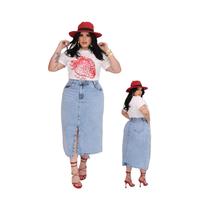 LANÇAMENTO Saia Jeans Midi Plus Size Com Fenda Sem Lycra / Premium