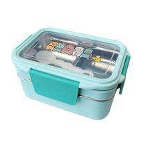 Lancheira de desenho animado Recipiente de comida de dupla camada de aço portátil para crianças Picnic School Bento Box Lancheiras (Azul)