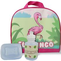 Lancheira Infantil Escolar Térmica + squeeze e pote Flamingo