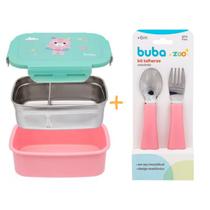 Lancheira Marmita Escolar C/ Talher Buba Zoo - Kit 02 Peças