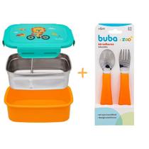 Lancheira Marmita Escolar C/ Talher Buba Zoo - Kit 02 Peças