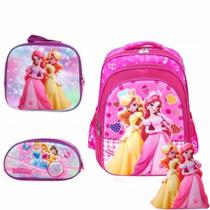 Lancheira Mochila E Estojo Escolar Rosa Princesinha Charmosa Leve E Confortável Ideal Para Presente Barato