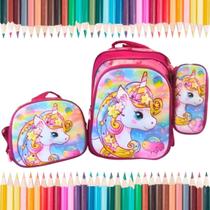 Lancheira Mochila E Estojo Unicórnio Rosa Glitter Compacto