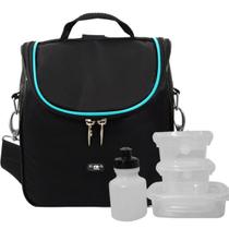 Lancheira Térmica Infantil Menino Mochila Escolar Com Potes E Squeeze Azul Marmita e Garrafinha