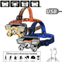 Lanterna Cabeça LED 5 Leds Recarregável USB Farol Alta Potência Camping Pesca