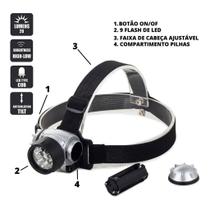 Lanterna de cabeça para ciclista camping elástico pilha 9 leds resistente - Filó Modas