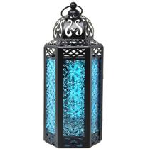Lanterna de Vela de Metal Preto Marroquino com Vidro Azul Lanterna de Vela de Metal Preto Marroquino com Vidro Azul