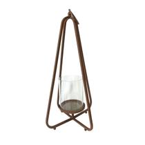 Lanterna Decorativa Triangular Aço Corten Metal com Suporte Para Vela 63x31cm