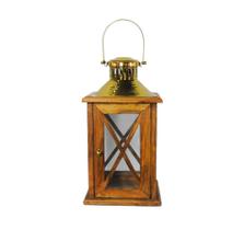 Lanterna Decorativo Madeira Quadrada c Metal Dourado