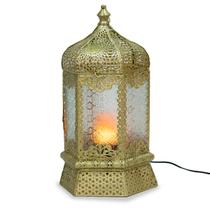 Lanterna Marroquina Dourada 53x29 C/ Lâmpada Efeito Fogo