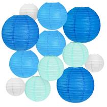 Lanternas de papel Peywot azul e branco, tamanhos variados, 12 unidades