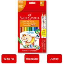 Lápis de Cor 12 Cores Jumbo Escolar Triangular + 2 Lápis Grafite Ecolápis Faber Castell Infantil Maternal