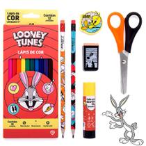 Lapis De Cor 12 Cores Looney Tunes - Kit Escolar 6 Peças