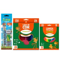Lápis de cor 24 Cores redondo + Canetinha 12 Cores + Kit Temático com Lápis Borracha e Apontador