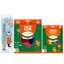 Lápis de cor 24 Cores redondo + Canetinha 12 Cores + Kit Temático com Lápis Borracha e Apontador Lápis de cor 24 Cores redondo + Canetinha 12 Cores + Kit Temático com Lápis Borracha e Apontador