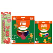 Lápis de cor 24 Cores redondo + Canetinha 12 Cores + Kit Temático com Lápis Borracha e Apontador Lápis de cor 24 Cores redondo + Canetinha 12 Cores + Kit Temático com Lápis Borracha e Apontador