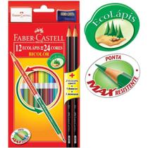 Lápis de Cor Bicolor 12 Unidades = 24 Cores Faber Castell + Borracha + Apontador + 2 Ecolápis Preto