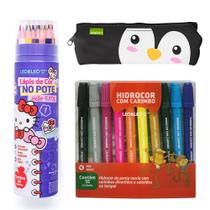 Lapis De Cor Hello Kitty + Canetinha Com Carimbo + Estojo Kit escolar meninas - Leo e Leo Lapis De Cor Hello Kitty + Canetinha Com Carimbo + Estojo Kit escolar meninas - Leo e Leo