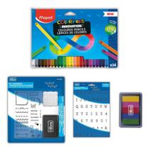 Lápis de Cor Infinito 24 Cores + Kit Carimbo Completo + Cartela Para Carimbo + Carimbeira 5 Cores
