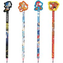 Lápis Preto Redondo Decorado Sonic com Borracha 4 Modelos Pote com 30