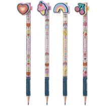 Lápis Preto Redondo Decorado TRIS PUFFY com Topper Silicone 4 Modelos Pote com 24