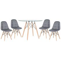Laraz, KIT - Mesa de vidro Eames 100 cm + 4 cadeiras Eames Botonê Cinza escuro