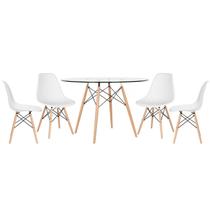 Laraz, Mesa redonda Eames com tampo de vidro 120 cm + 4 cadeiras Eiffel DSW Branco Laraz, Mesa redonda Eames com tampo de vidro 120 cm + 4 cadeiras Eiffel DSW Branco