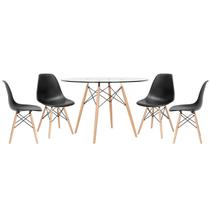 Laraz, Mesa redonda Eames com tampo de vidro 120 cm + 4 cadeiras Eiffel DSW Preto Laraz, Mesa redonda Eames com tampo de vidro 120 cm + 4 cadeiras Eiffel DSW Preto