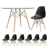 Laraz, Mesa redonda Eames com tampo de vidro 120 cm + 6 cadeiras Eiffel DSW Preto Laraz, Mesa redonda Eames com tampo de vidro 120 cm + 6 cadeiras Eiffel DSW Preto