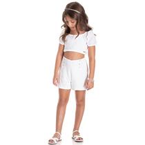 Lasie detalhada branco conjunto infantil feminino chic blusa cropped + shorts laise com forro Lasie detalhada branco conjunto infantil feminino chic blusa cropped + shorts laise com forro