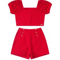 Lasie detalhada vermelho conjunto infantil feminino elegante natal blusa cropped + shorts feminino com forro