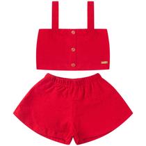 Lasie trabalhada vermelho conjunto infantil menina natal cropped com botões + shorts godê tamanho 1 ao 3