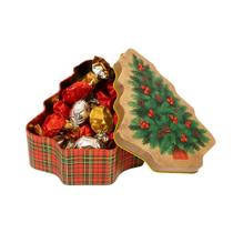 Lata Decorativa Natalina Multiuso Metal com Tampa Formato Árvore de Natal Verde e Vermelho Xadrez 18cm