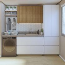 Lavanderia Modulada com Armário Aéreo, Armário Multiúso e Balcão 100% MDF Rainha Branco/Nature Lavanderia Modulada com Armário Aéreo, Armário Multiúso e Balcão 100% MDF Rainha Branco/Nature