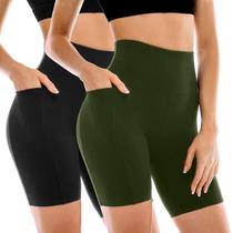 Leafigure Kit com 2 Shorts Ciclistas Femininos Cintura Alta com Bolsos Leafigure Kit com 2 Shorts Ciclistas Femininos Cintura Alta com Bolsos