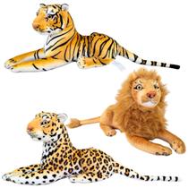 Leão Tigre Onça Kit Com 3 Pelúcias Bichos Safari Realista
