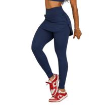Legging Blackout FMF Com Saia e Bolso Moda Fitness Cintura Alta Marinho