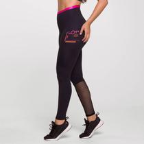 Legging Sport Preto Poliamida com Estampa e Tela e Cós Rosa