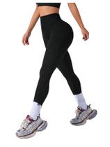 Leggings femininas WDIRARA com nervuras, sem costura, cintura alta, pretas Leggings femininas WDIRARA com nervuras, sem costura, cintura alta, pretas