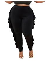 Leggings femininas WDIRARA plus size com babados com estampa camuflada preta Leggings femininas WDIRARA plus size com babados com estampa camuflada preta