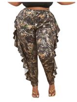 Leggings femininas WDIRARA plus size com babados com estampa camuflada verde Leggings femininas WDIRARA plus size com babados com estampa camuflada verde