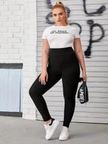 Leggings Pretas De Cintura Alta plus Size Com Alta Elasticidade Em Cor Sólida Calças De Nove Pontos