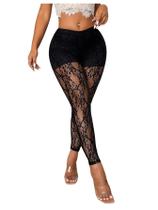 Leggings WDIRARA, de renda transparente, cintura baixa, pretas, XXL, femininas Leggings WDIRARA, de renda transparente, cintura baixa, pretas, XXL, femininas