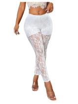 Leggings WDIRARA de renda transparente, de cintura baixa, brancas para mulheres