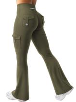 Leggings YEOREO Workout Flare com bolsos, cintura alta, verde militar Leggings YEOREO Workout Flare com bolsos, cintura alta, verde militar