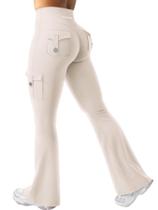 Leggings YEOREO Workout Flare com bolsos de cintura alta, cáqui claro