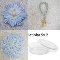 Lembrancinhas para montar 10 latinhas acrílico 5x2 + 10 mini terços + 10 apliques de biscuit + 10 círculos de tela de fundo para aplique